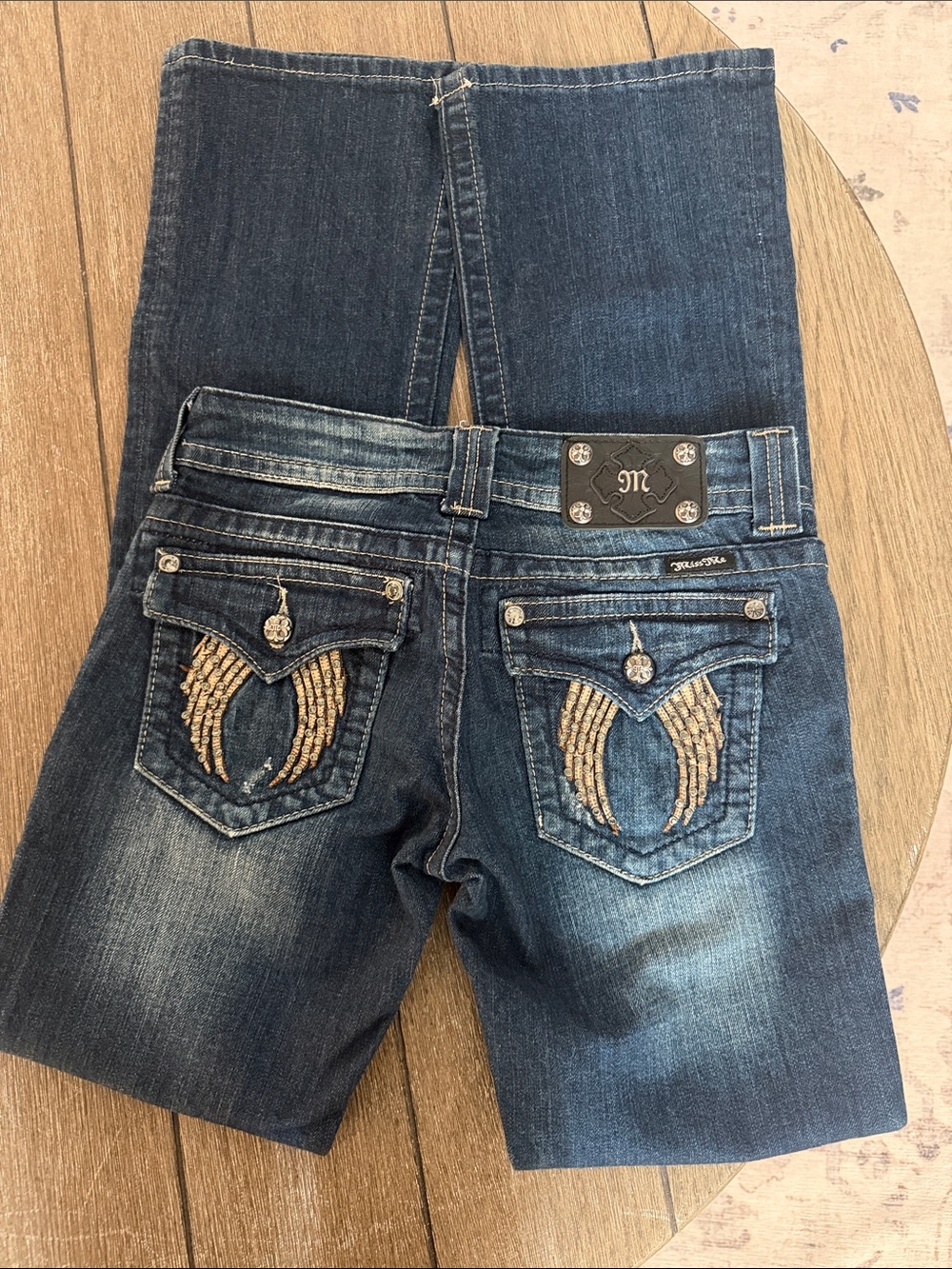 Miss Me Blue Wash Bootcut Jeans with Embroidered Wing Pockets Vintage